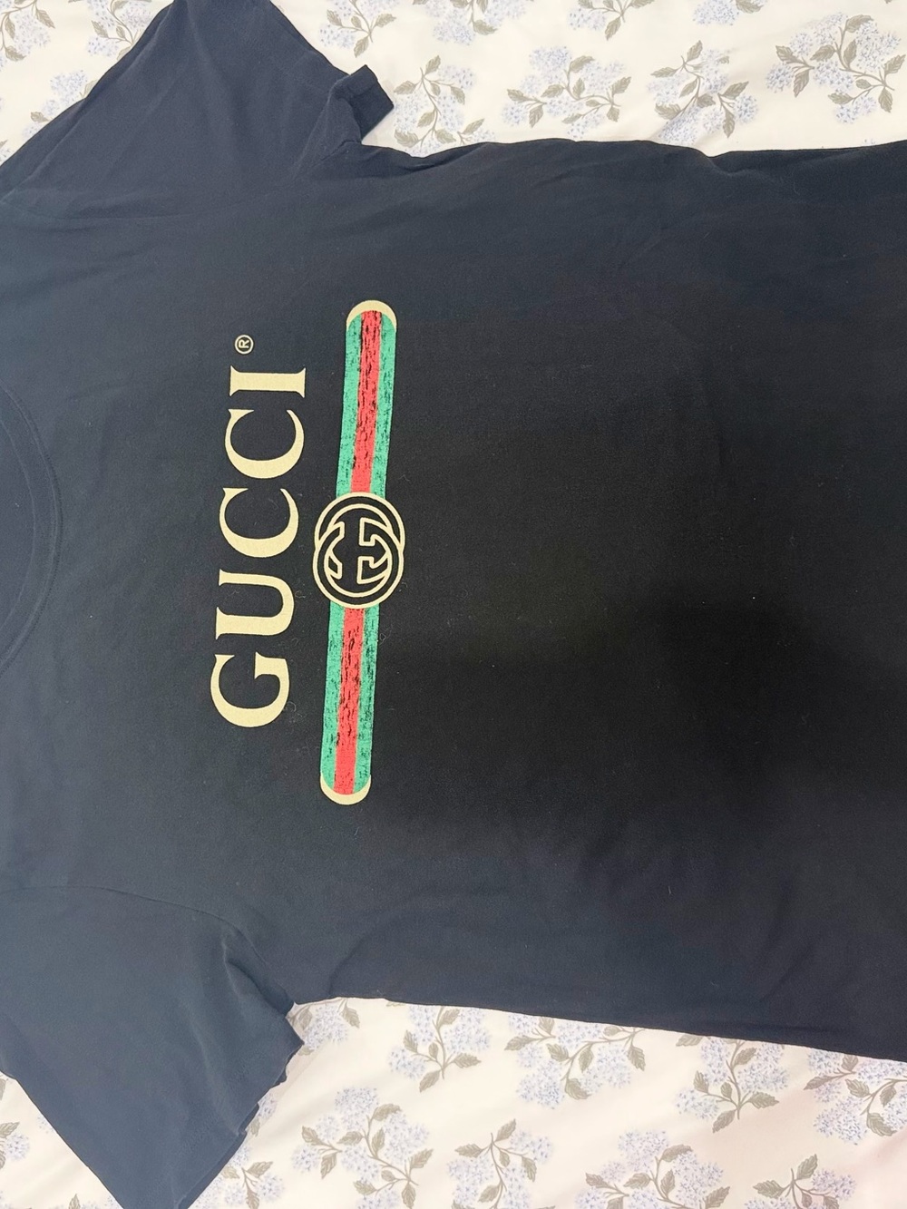 Used Once Gucci Black Short-Sleeve Tee with Green-Red Stripe and Gold Logo